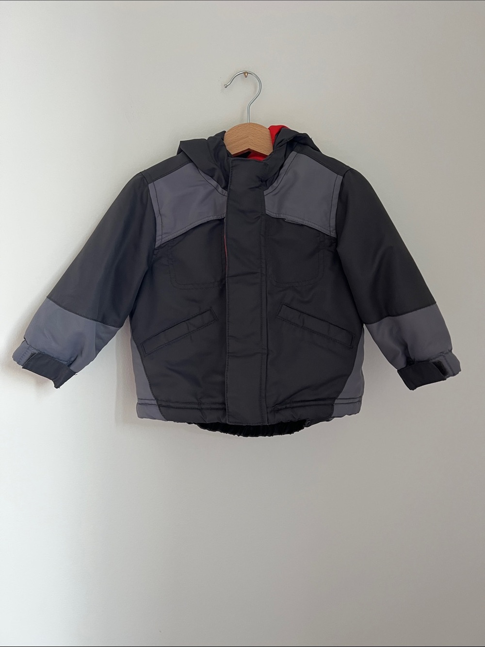 Old Navy | Baby Hooded Puffer Gray Jacket & Red Orange Lining Sz 12-18